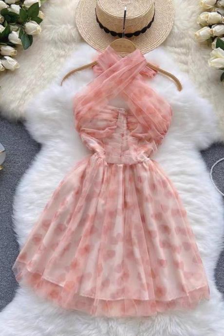 Gentle Wind, Pink Dress, Halter Neck Fairy Dress, Sweet Temperament Dress,cute A-line Dress