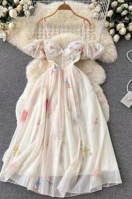 Sexy, strapless dress, off shoulder fairy dress, high-waisted printed dress