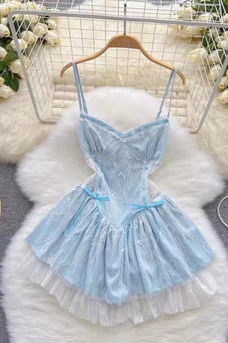 Spaghetti Strap Mini Dress, Cute Lace A-line Dress