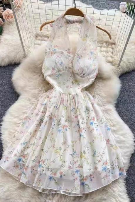 Sexy, halter neck floral dress, summer, new style, temperament super fairy A-line dress