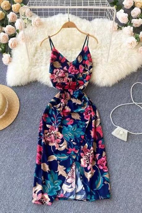 Summer, sexy, fashion floral spaghetti strap dress, spice girl slit dress