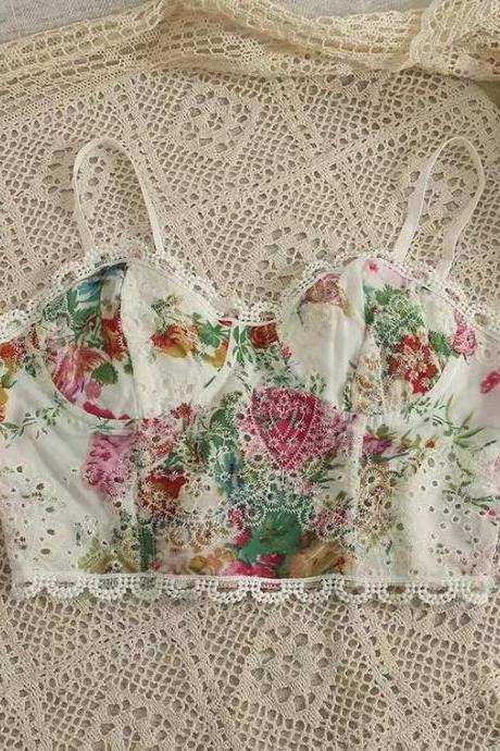 Vintage, Embroidered Top, Hollow Lace,spaghetti Strap Top