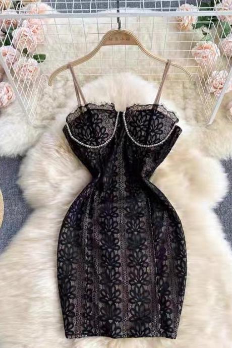 Sexy spaghetti strap dress,lace black little dress