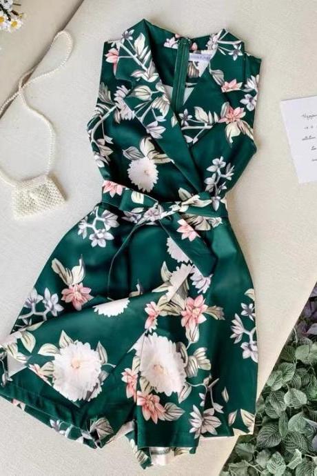 Style, Classy, Suit Collar, Sleeveless Floral One-piece , Wide-leg Pants