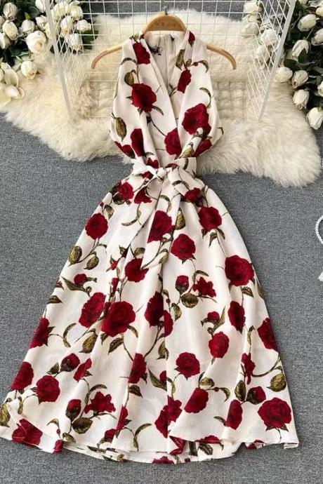 V-neck party dress,vintage dress,rose floral dress