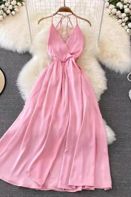 Beach dress, backless, tie-down, pink, fairy dress, fashion V-neck dress