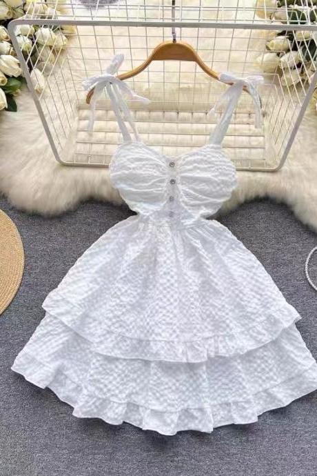 Senior sense temperament dress, cute spaghetti strap dress ,summer white cake dress