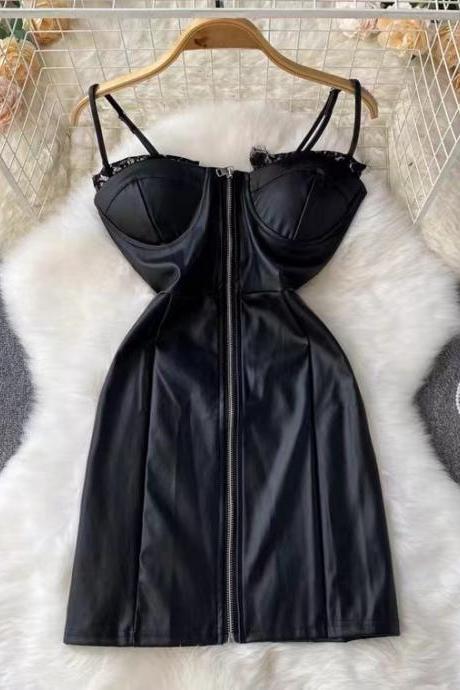 Strap dress, new style, sexy, lace stitching, stylish, cool PU zipper slim short leather dress