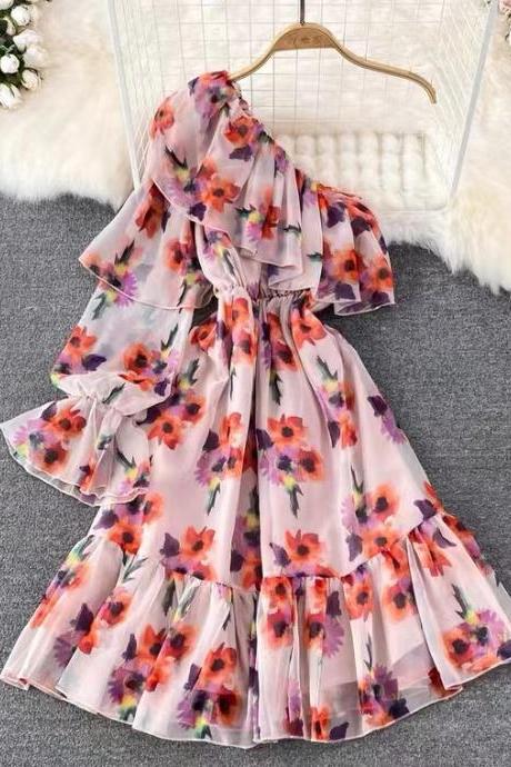 Stunning, fashionable, ruffled, , waist floral chiffon dress, elegant big swing dress