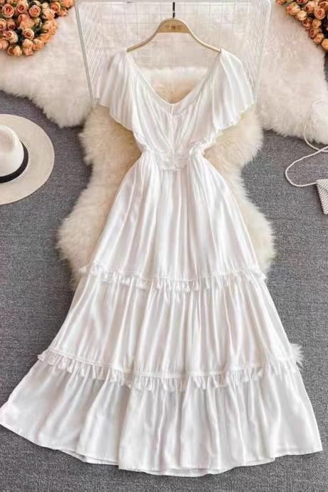 Beach Holiday Dress, V-neck White Fringed Peplum Halter Dress, Elegant Swing Dress