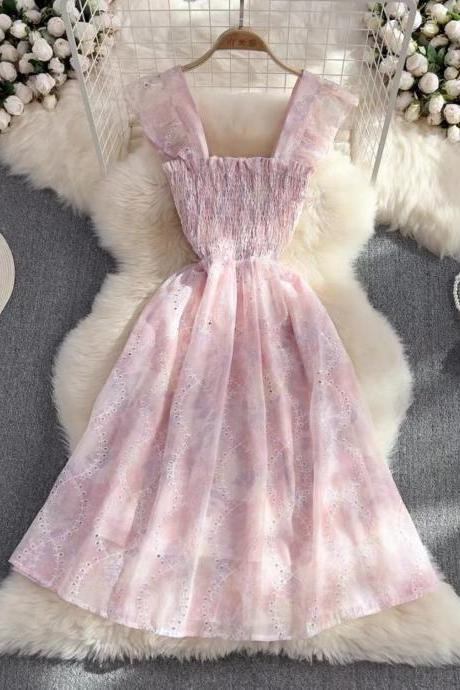 Pink fly sleeve floral dress, sweet, girl, super fairy temperament strap dress