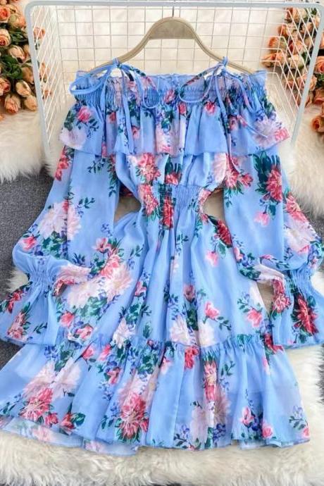 Gentle , fairy off shoulder dress, horn sleeve floral chiffon dress