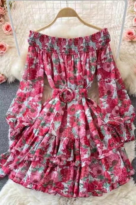 Off shoulder floral dress, long sleeves, bubble sleeves waist cake dress, fairy dress