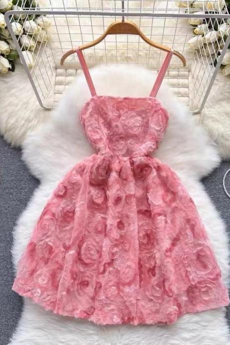 Romantic, 3D flower pink dress, spaghetti strap fairy dress, sweet waist A-line dress