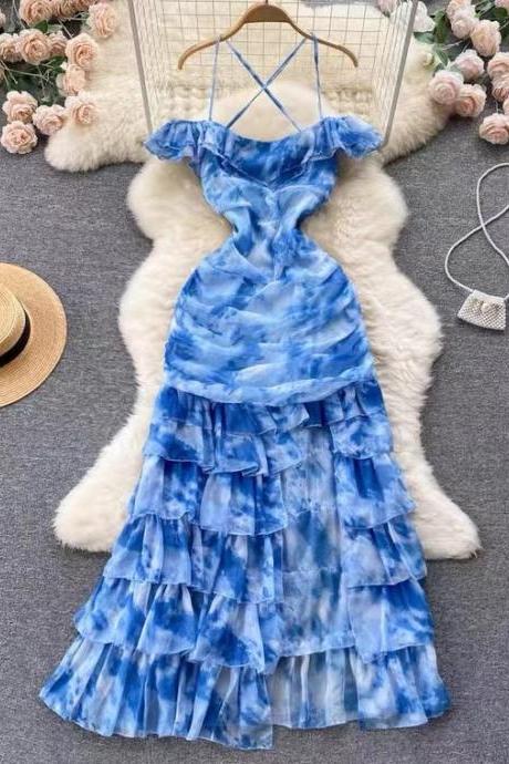 Tie dye strap shoulder dress, fairy, fashion temperament waist cake dress