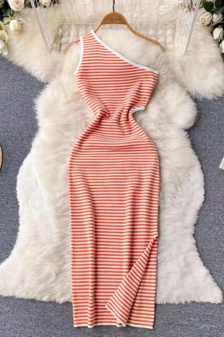 Soft style, striped one-shoulder knit dress,bodycon dress, slit mid-length dress