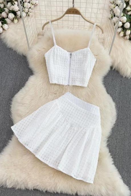 Fashion suit, hot girl zipper tank top, two-piece suit, high-waisted A-line skirt