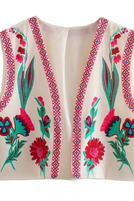 Ethnic style, vintage, flower, printed sleeveless waistcoat, loose, casual, short style small top