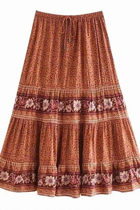 Ethnic Style, Printed Elastic Skirt, Holiday Style, Flowing Maxi Dress