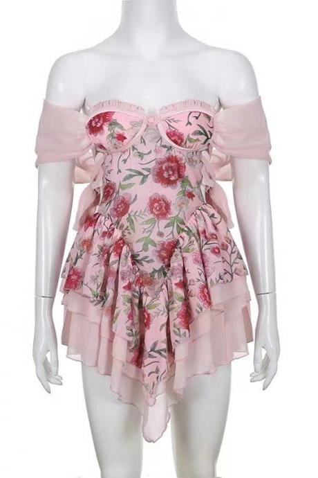 Flowers, mesh stitching, A -line dress,off shoulder sweet waist dress, cute short dress