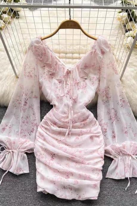 Gentle , Pink Floral Fairy Dress, Chiffon V-neck Slim Pleated Dress, Bodycon Dress
