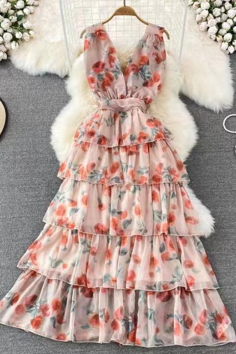 V-neck flower dress, gentle cake dress, sweet waist sleeveless A-line chiffon dress