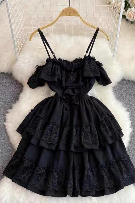 Gentle dress, retro, temperament, lace ruffles Mosaic cake spaghetti strap dress, high waist A-line dress