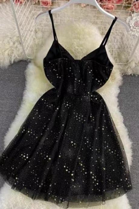 Off Shoulder Black Little Dress, Mesh Panel Spaghetti Strap Dress, Sequin A-Line Dress