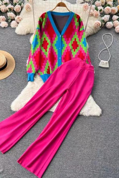 Autumn/winter, new style, matching color knit suit, retro V-neck jacquard sweater cardigan + wide-leg casual pants, two pieces