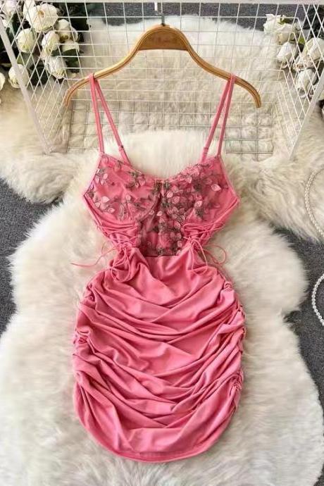 Lace Hook Flower Bodycon Dress, Pink Spaghetti Strap Dress