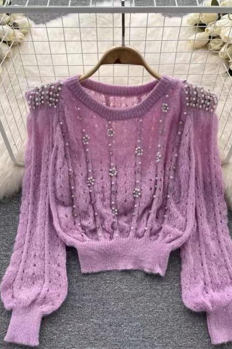 Slouchy, vintage, beaded soft waxy round neck sweater, long-sleeved sweater
