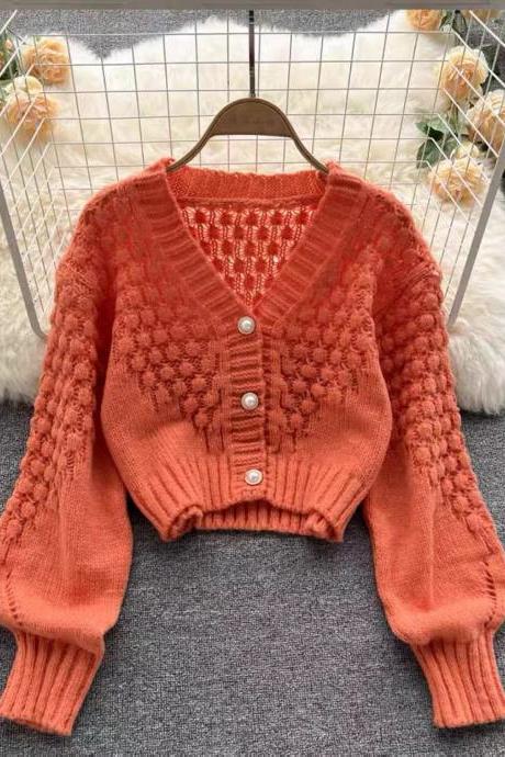 Knit cardigan sweater, V-neck design hollow short cardigan