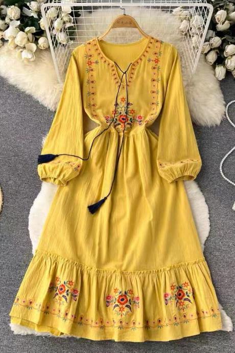 Vintage, Lantern Sleeve Dress, Ethnic Style, Embroidered A-line Dress