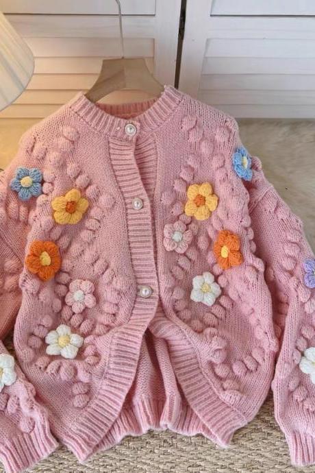 3d Hook Flowers, Lazy Wind Loose Knit Sweater, Chic Cardigan