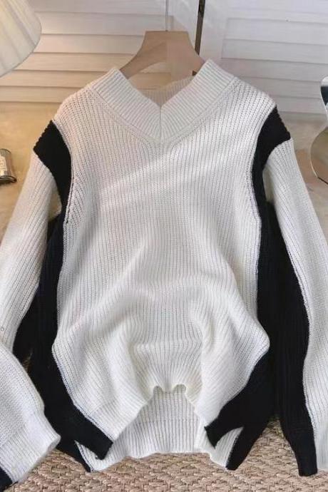 Lazy Style, Loose, V-neck Matching Color Long Sleeve Sweater, Autumn And Winter Mid-length Jumper Sweater