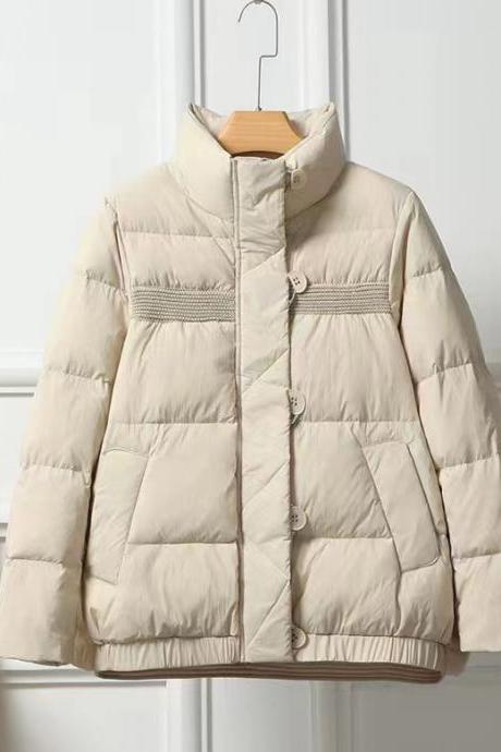 Winter Down Jacket, Loose, Spliced Small Standing Collar Coat