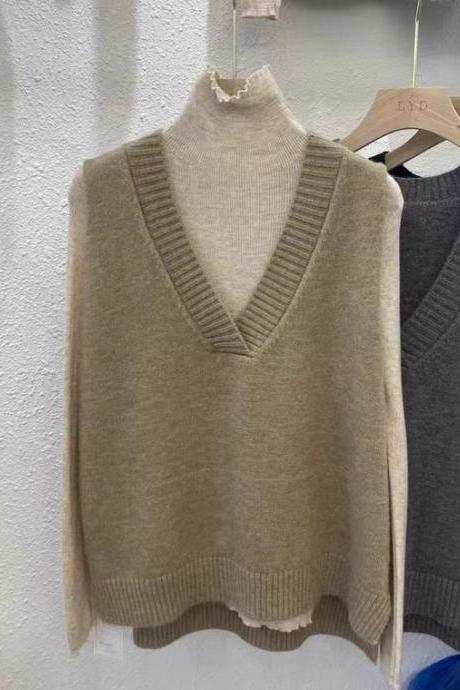 V-neck Sweater Vest, Sleeveless Knit Waistcoat, Simple, Preppy Top, Loose Vest