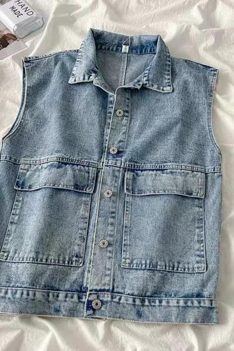 Denim waistcoat, spring/fall, new, loose, student overalls, thin top, youth vest jacket