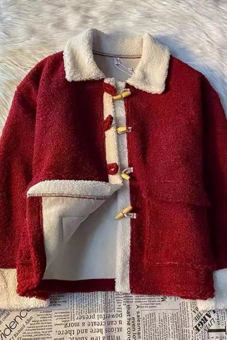 Red, explosive short coat, new, cashmere, thick autumn and winter coat, lovely New Year coat, Christmas gift coat