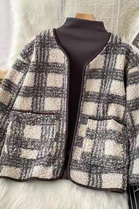 Lamb wool short coat, autumn and winter, versatile, vintage plaid top