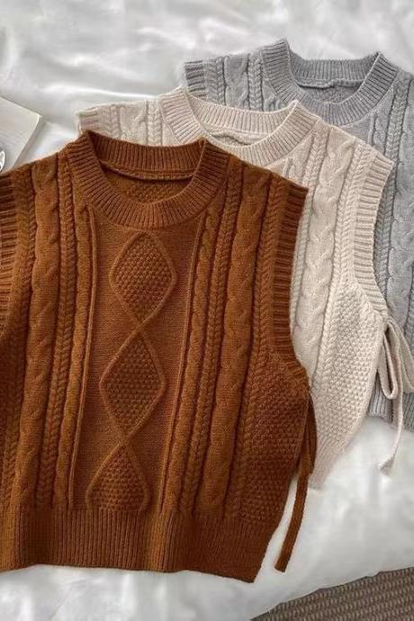 Knit waistcoat, versatile, tie-down, round neck, sweater over, single vest