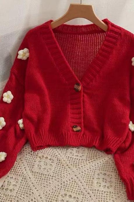 Sweet Wind, Short, Two Button Knit, 3d Flower Low Neck Long Sleeve Cardigan Sweater