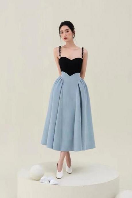 Vintage, Palace Style, Matching Color Spaghetti Strap Dress, Backless, Slim Mid-length Dress