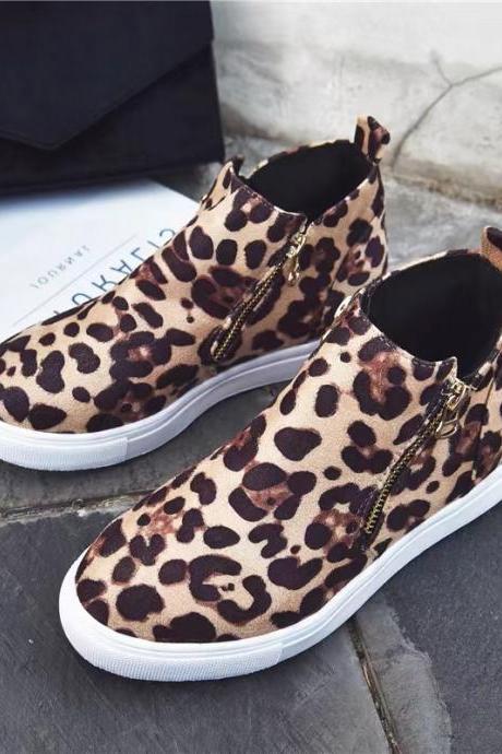 Winter, Leopard Print Casual Uggs, Comfortable Round Toe Flat Ankle Boots