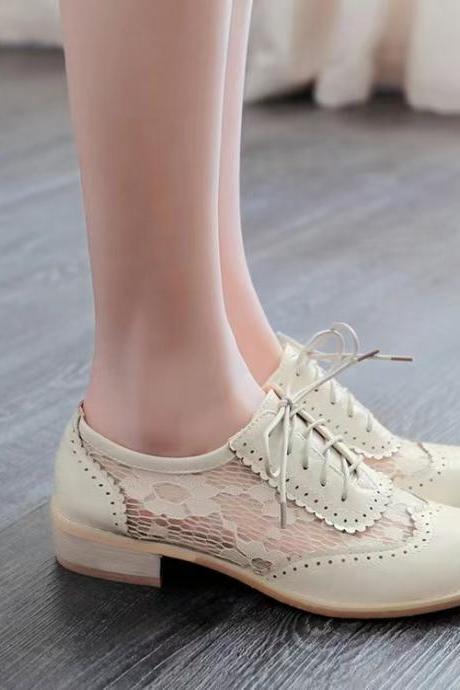 College style, youth, round head lace-up hollow out breathable mesh shoes, low heel women's shoes
