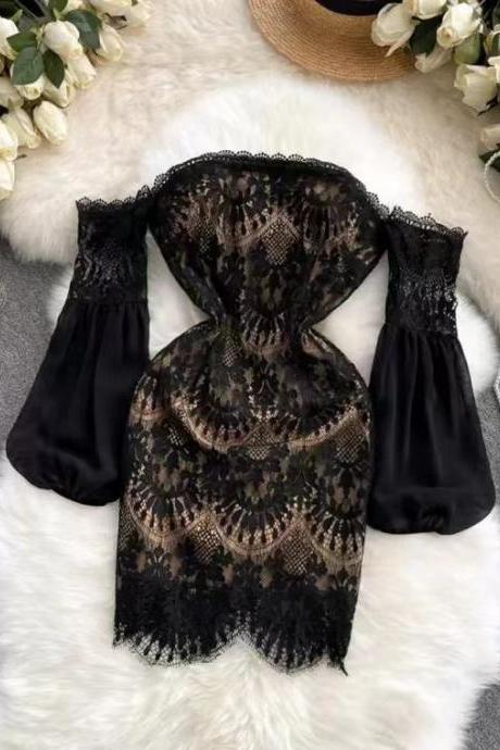 Sexy, Off-shoulder Dress, Lace Dress, Slim , Puffed Sleeves Bodycon Dress