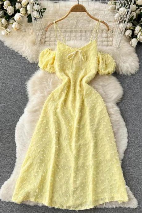 Fairy dress, temperament, off-the-shoulder short sleeve dress, yellow sling MIDI dress