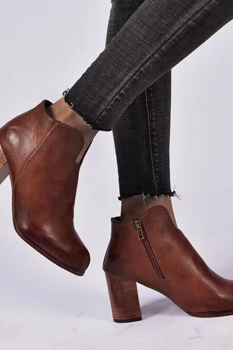 Chunky Heeled Women Leather Boots,vintage Ankle Boots