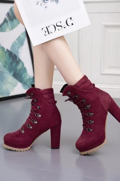 Autumn/winter, new style, high heel, thick heel, round head, suede, lace-up, rivet ankle boots, women's fashion boots