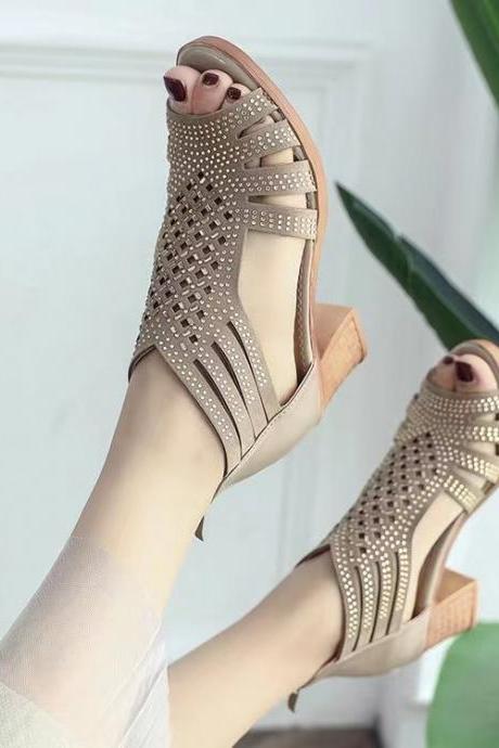 Sandals, Women's Chunky Heels, Rhinestone Heels, Women's Kitten Toe Sandals